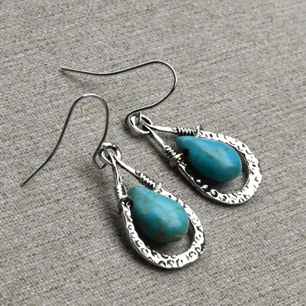 Turquoise Teardrop and hammered silver drop Earrings for a gift southwestern new